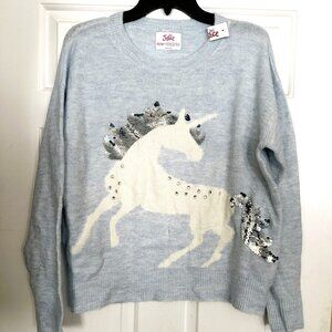 NWT Girls Justice Light Blue Long Sleeve Sweater‎ w/Unicorn - Reversible Sequin